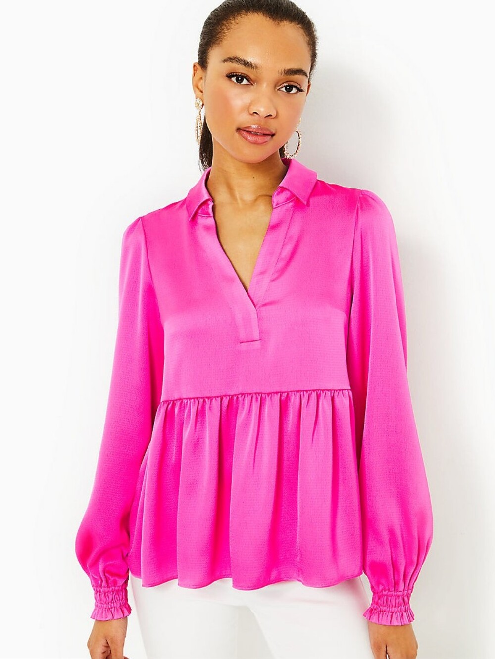 NWT Lilly Pulitzer Jaylene Hot Pink Women's Long Sleeve V-Neck Top Size 4 Shirt